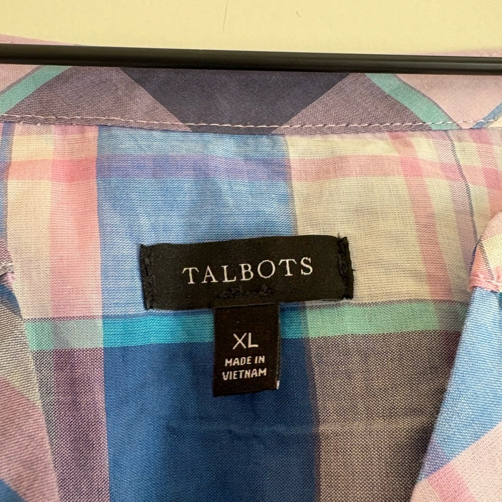 Talbots Plaid Short-Sleeve Popover Blouse in Med & Lgt Blue, Pink, Gray, White.